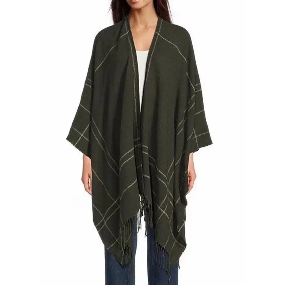 Eileen Fisher Wool Twill Green Plaid Wrap Fringe $188 NWT